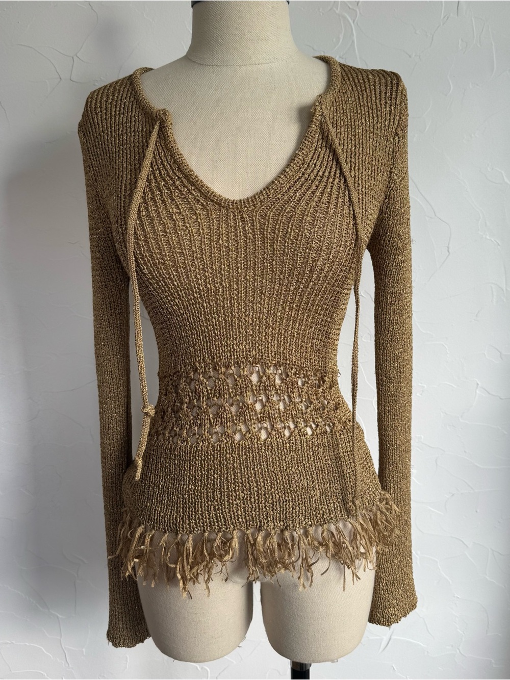 Y2K XO Jeans Gold Metallic Crochet Fringe Sweater S/M